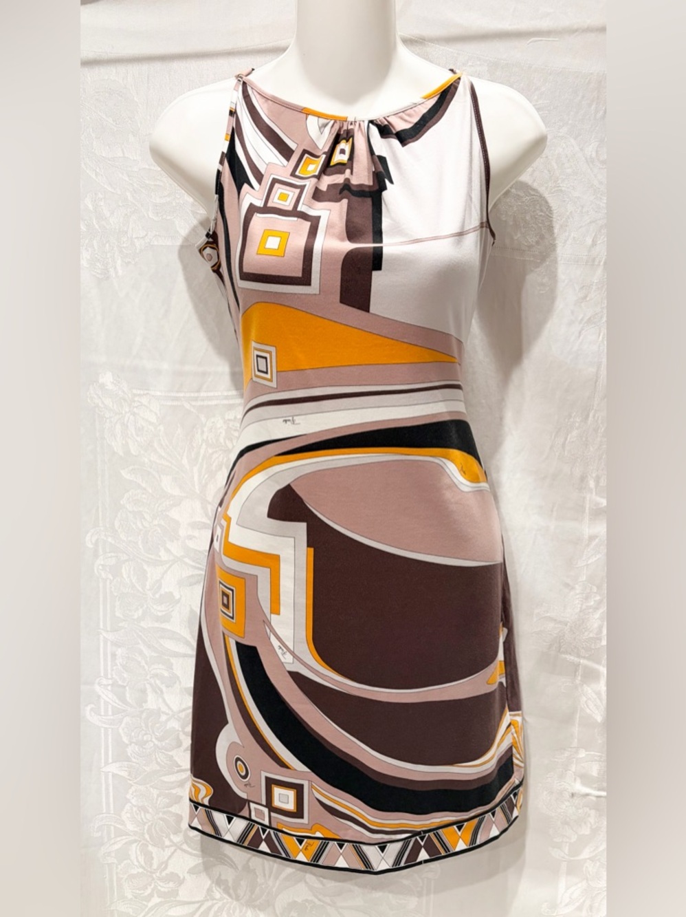 EMILIO PUCCI Orange Mod Print Stretch Jersey Sheath Dress 40 4 Retro Designer